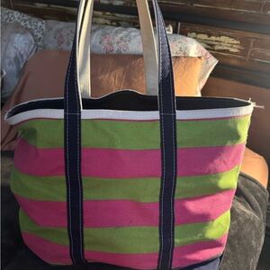 Vintage Striped Canvas  L.L Bean Tote Bag - Pink and Green large